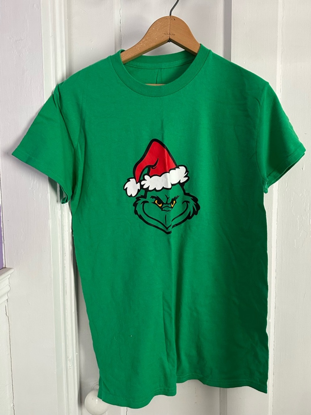 Gildan Green Grinch Face Holiday Tee with Red Santa Hat